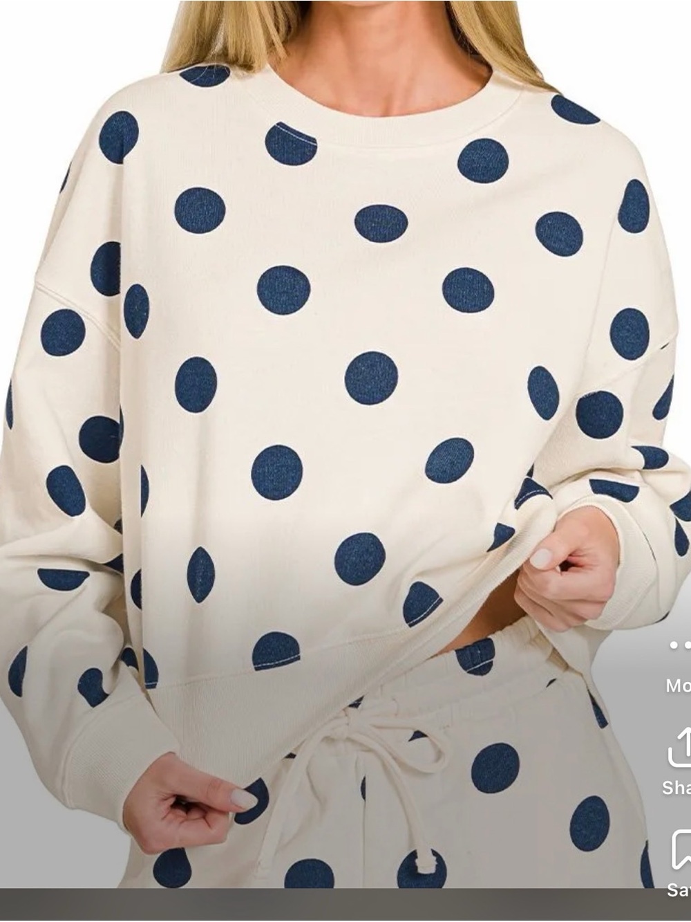 Zenana Outfitters Cream Polka Dot Pullover and shorts with Navy Dots - Picture 2 of 3